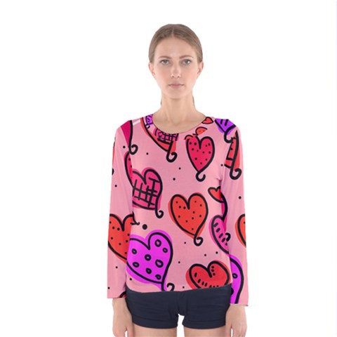 Valentine Wallpaper Whimsical Cartoon Pink Love Heart Wallpaper Design Women s Long Sleeve Tee by Nexatart