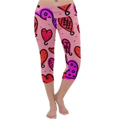 Valentine Wallpaper Whimsical Cartoon Pink Love Heart Wallpaper Design Capri Yoga Leggings by Nexatart