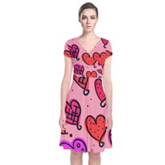 Valentine Wallpaper Whimsical Cartoon Pink Love Heart Wallpaper Design Short Sleeve Front Wrap Dress by Nexatart