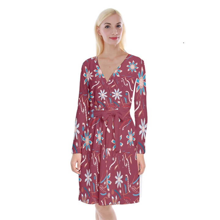 Floral Seamless Pattern Vector Long Sleeve Velvet Front Wrap Dress