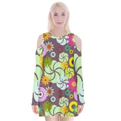 Floral Seamless Pattern Vector Velvet Long Sleeve Shoulder Cutout Dress by Nexatart