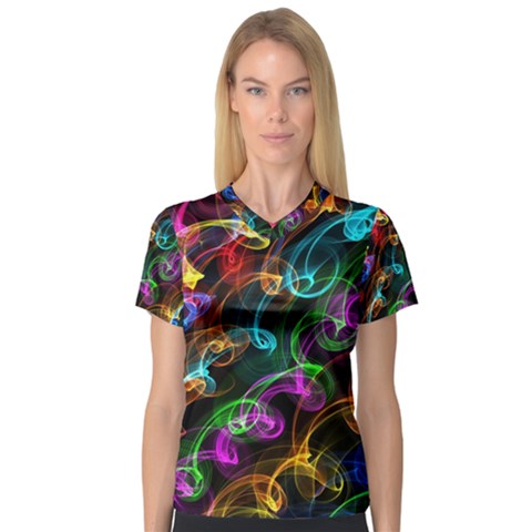 Rainbow Ribbon Swirls Digitally Created Colourful Women s V-neck Sport Mesh Tee by Nexatart