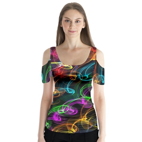 Rainbow Ribbon Swirls Digitally Created Colourful Butterfly Sleeve Cutout Tee  by Nexatart