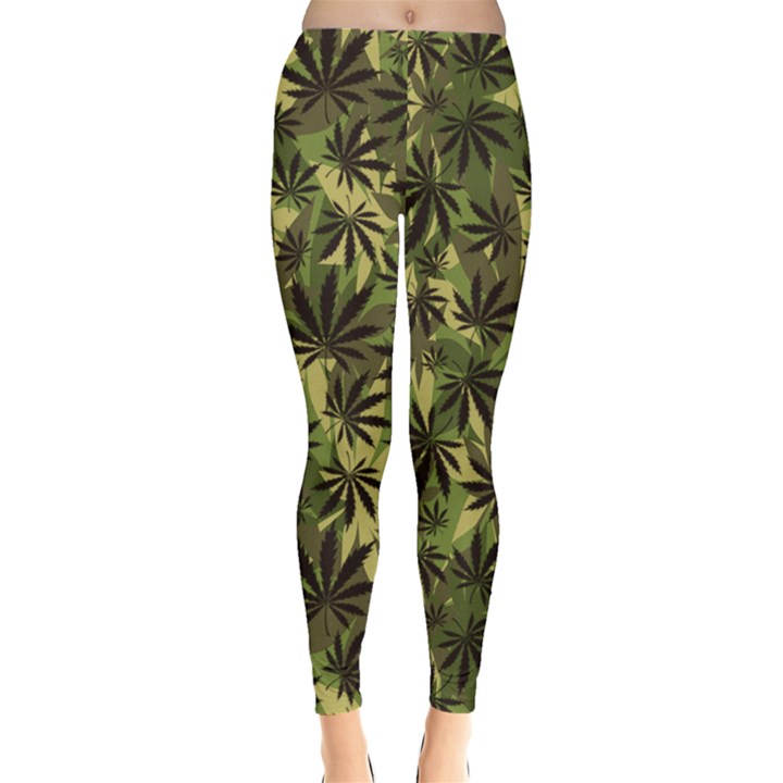 Dark Olive Green Cannabis Marijuana Leggings 