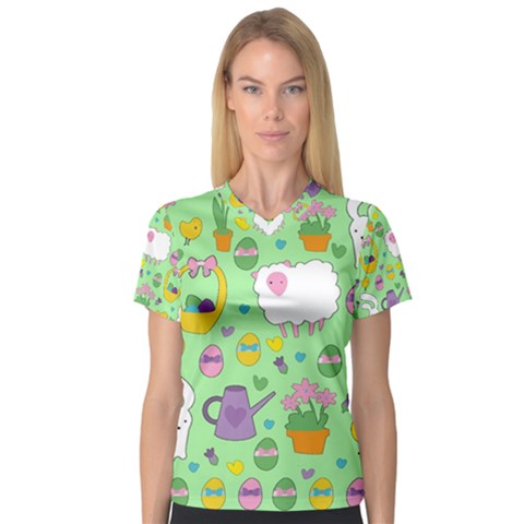 Cute Easter Pattern Women s V-neck Sport Mesh Tee by Valentinaart