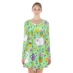 Cute Easter Pattern Long Sleeve Velvet V-neck Dress