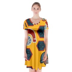 Husbands Cars Autos Pattern On A Yellow Background Short Sleeve V-neck Flare Dress