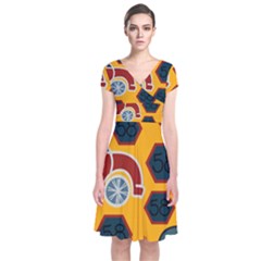 Husbands Cars Autos Pattern On A Yellow Background Short Sleeve Front Wrap Dress by Nexatart