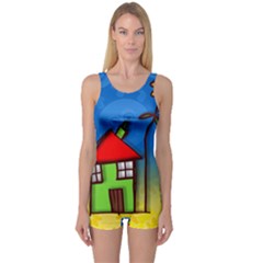 Colorful Illustration Of A Doodle House One Piece Boyleg Swimsuit by Nexatart