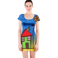 Colorful Illustration Of A Doodle House Short Sleeve Bodycon Dress by Nexatart