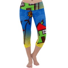 Colorful Illustration Of A Doodle House Capri Yoga Leggings by Nexatart