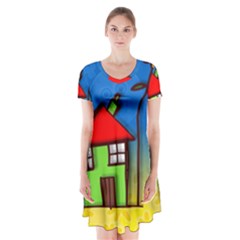 Colorful Illustration Of A Doodle House Short Sleeve V-neck Flare Dress