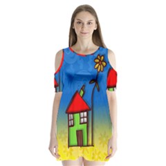 Colorful Illustration Of A Doodle House Shoulder Cutout Velvet  One Piece