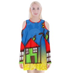 Colorful Illustration Of A Doodle House Velvet Long Sleeve Shoulder Cutout Dress