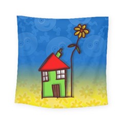 Colorful Illustration Of A Doodle House Square Tapestry (small)