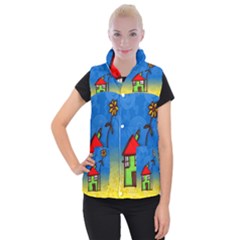 Colorful Illustration Of A Doodle House Women s Button Up Puffer Vest