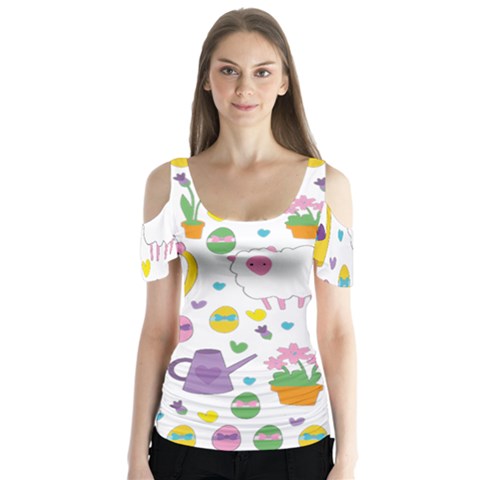 Cute Easter Pattern Butterfly Sleeve Cutout Tee  by Valentinaart