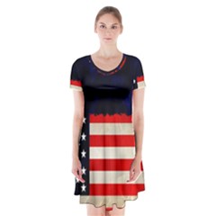 Grunge American Flag Background Short Sleeve V-neck Flare Dress