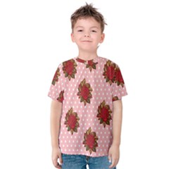 Pink Polka Dot Background With Red Roses Kids  Cotton Tee