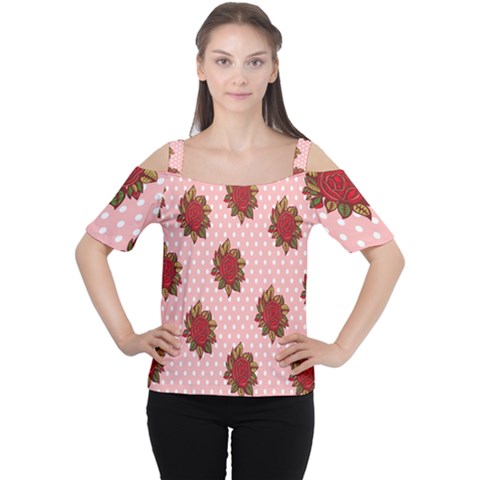 Pink Polka Dot Background With Red Roses Women s Cutout Shoulder Tee by Nexatart