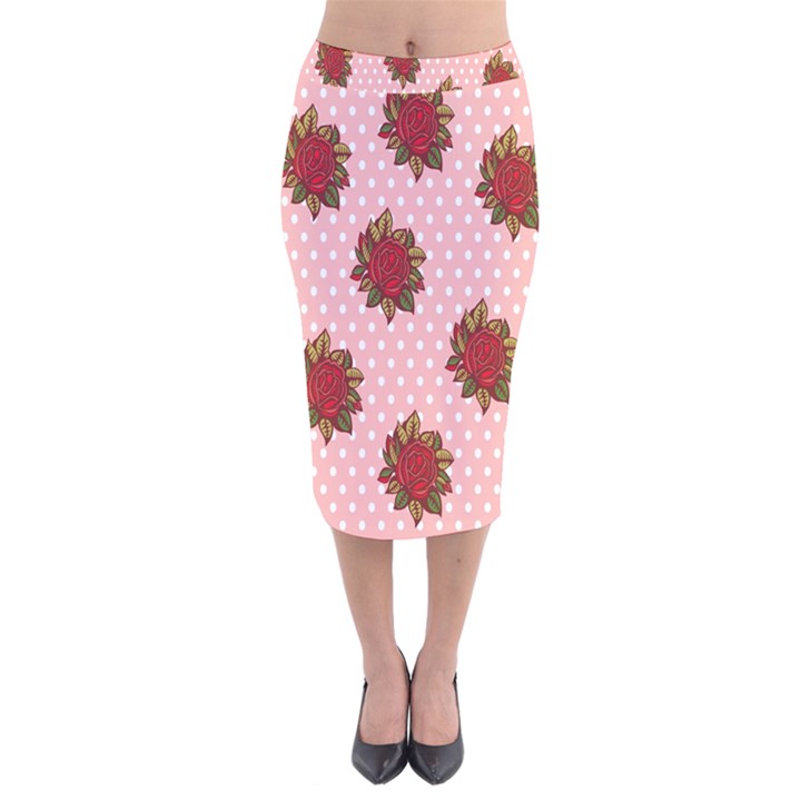 Pink Polka Dot Background With Red Roses Velvet Midi Pencil Skirt