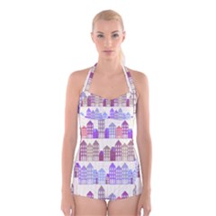 Houses City Pattern Boyleg Halter Swimsuit  by Nexatart