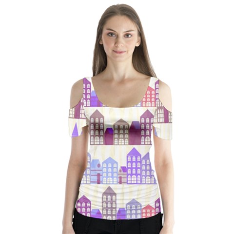 Houses City Pattern Butterfly Sleeve Cutout Tee  by Nexatart