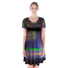 Illuminated Trees At Night Short Sleeve V-neck Flare Dress by Nexatart