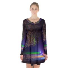 Illuminated Trees At Night Long Sleeve Velvet V-neck Dress