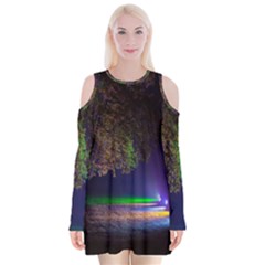 Illuminated Trees At Night Velvet Long Sleeve Shoulder Cutout Dress