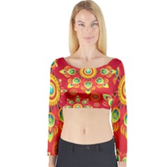 Red And Orange Floral Geometric Pattern Long Sleeve Crop Top by LovelyDesigns4U