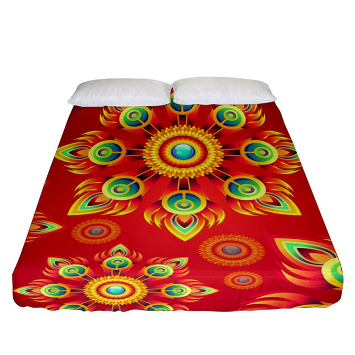 Red and Orange Floral Geometric Pattern Fitted Sheet (California King Size)