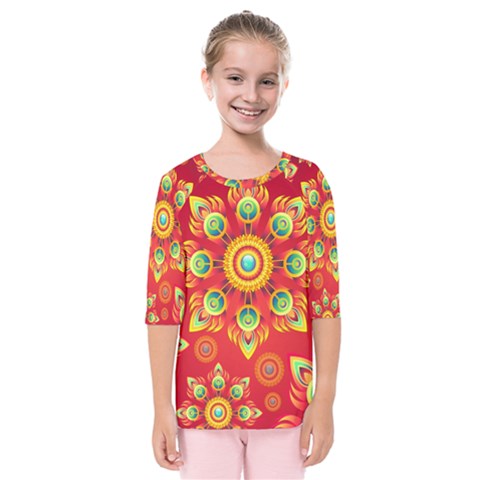 Red And Orange Floral Geometric Pattern Kids  Quarter Sleeve Raglan Tee by LovelyDesigns4U