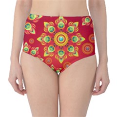 Red And Orange Floral Geometric Pattern High-waist Bikini Bottoms by LovelyDesigns4U