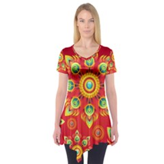 Red And Orange Floral Geometric Pattern Short Sleeve Tunic  by LovelyDesigns4U