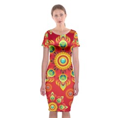 Red And Orange Floral Geometric Pattern Classic Short Sleeve Midi Dress by LovelyDesigns4U