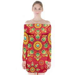 Red And Orange Floral Geometric Pattern Long Sleeve Off Shoulder Dress by LovelyDesigns4U