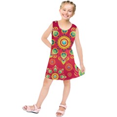 Red And Orange Floral Geometric Pattern Kids  Tunic Dress