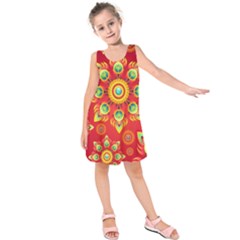 Red And Orange Floral Geometric Pattern Kids  Sleeveless Dress by LovelyDesigns4U