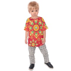 Red And Orange Floral Geometric Pattern Kids  Raglan Tee