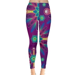 Purple And Green Floral Geometric Pattern Leggings  by LovelyDesigns4U