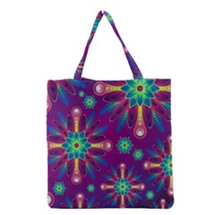 Purple And Green Floral Geometric Pattern Grocery Tote Bag by LovelyDesigns4U