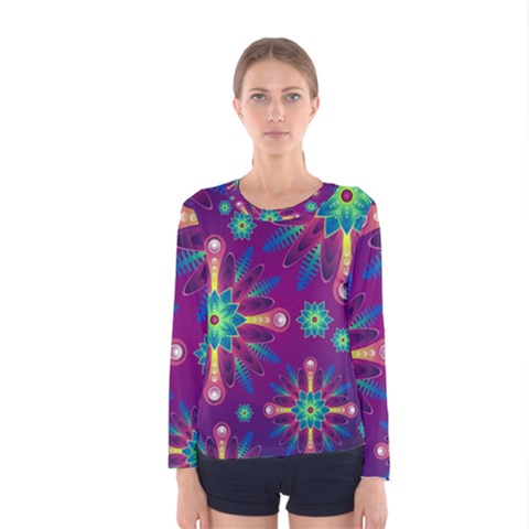 Purple And Green Floral Geometric Pattern Women s Long Sleeve Tee by LovelyDesigns4U