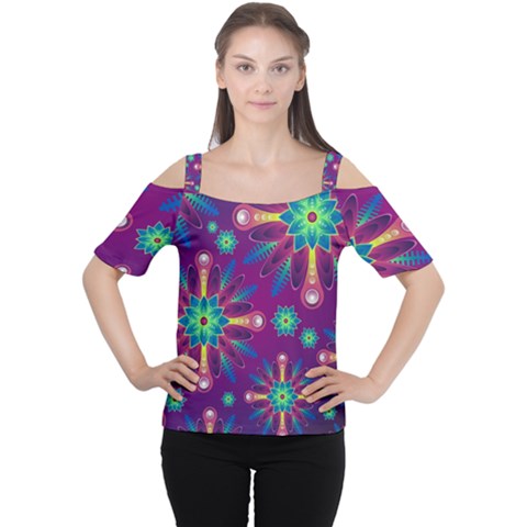 Purple And Green Floral Geometric Pattern Women s Cutout Shoulder Tee by LovelyDesigns4U