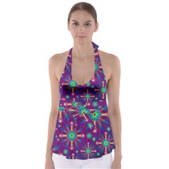 Purple And Green Floral Geometric Pattern Babydoll Tankini Top by LovelyDesigns4U