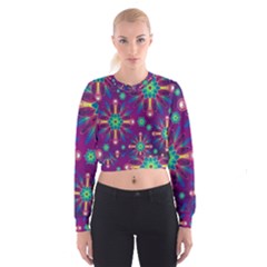 Purple And Green Floral Geometric Pattern Cropped Sweatshirt