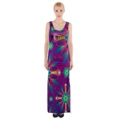 Purple And Green Floral Geometric Pattern Maxi Thigh Split Dress by LovelyDesigns4U