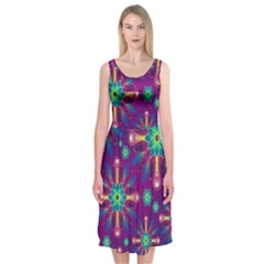 Purple And Green Floral Geometric Pattern Midi Sleeveless Dress by LovelyDesigns4U