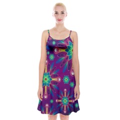 Purple And Green Floral Geometric Pattern Spaghetti Strap Velvet Dress