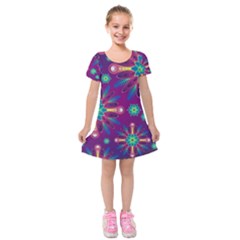 Purple And Green Floral Geometric Pattern Kids  Short Sleeve Velvet Dress by LovelyDesigns4U